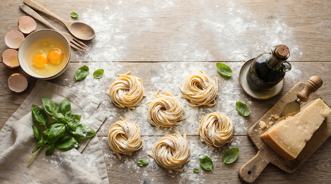 Fresh Tagliatelle Pasta Nests with Eggs, Basil and Wooden Utensils Flat Lay