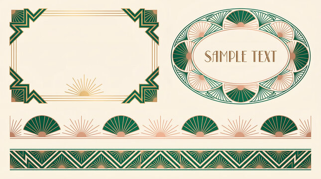 Art deco frames and vintage decorative borders are displayed as a stylish graphic design template bundle.