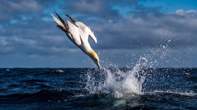 Atlantic gannet diving into the dramatic ocean water under stormy sky