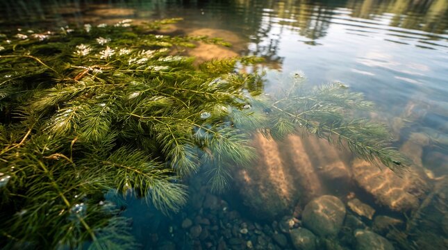 Lush Hornwort floating above gravel in mysterious freshwater depths.