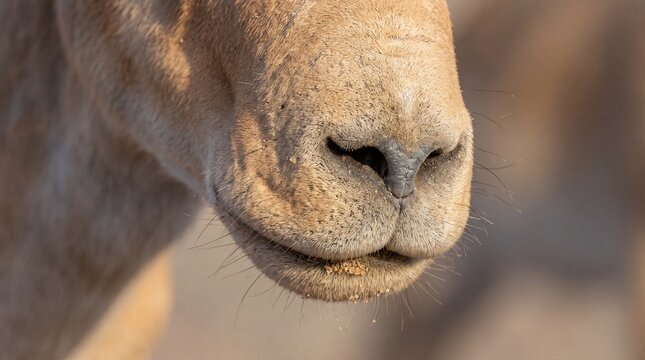 Macro portrait of saiga antelope snout emphasizing raw texture in the desert
