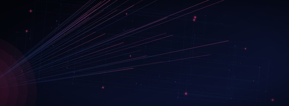 Abstract cosmic light trails on dark background, glowing fiber optic lines in deep space, futuristic motion blur background