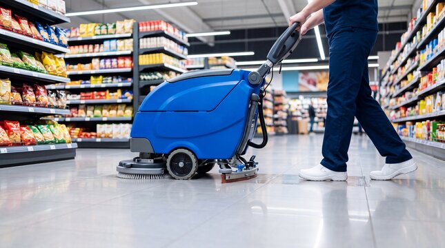 Janitor in navy uniform operating a blue industrial floor scrubber machine along a bright supermarket aisle with colorful stocked shelves and polished tile floor.