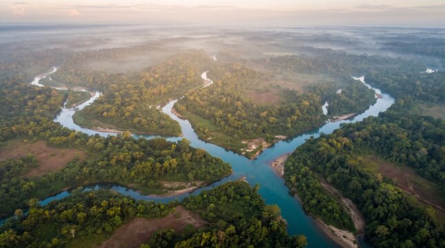 Intertwining river braids meet the lush emerald jungle under morning light