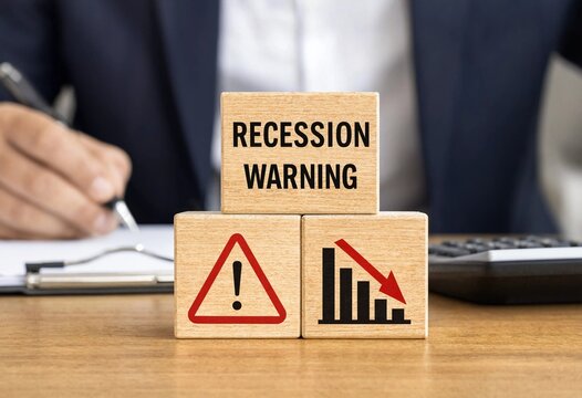 Business professional reviewing recession warning blocks with economic decline chart and alert symbol on wooden desk