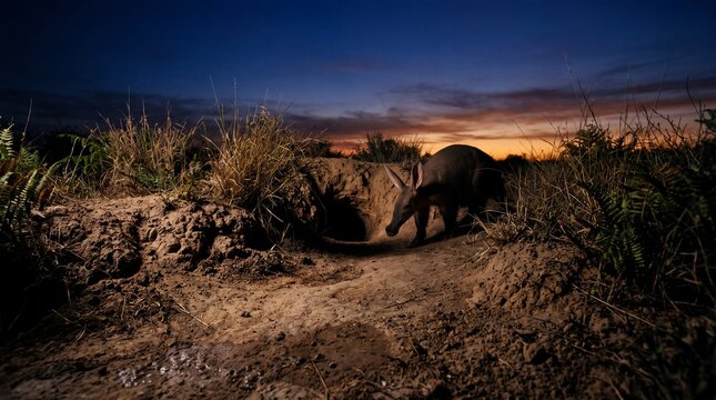 Aardvark silhouette near burrow entrance at dusk in mysterious savanna landscape.