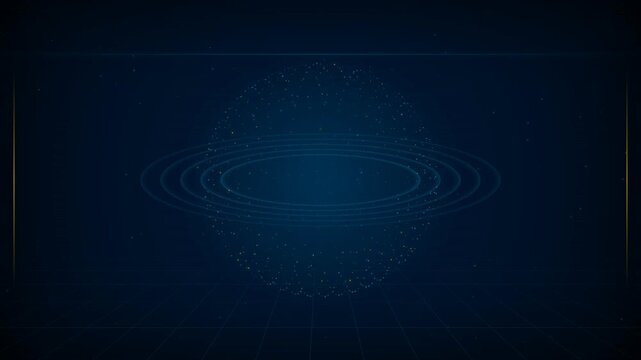 Abstract 3D planet hologram with orbiting rings on dark grid background, perfect for scientific presentations, digital technology showcases and space media