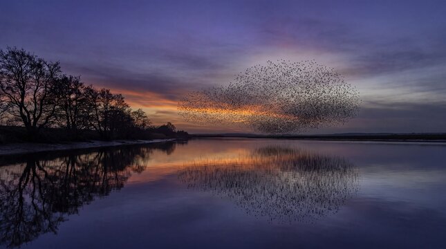 Starling murmuration over calm river reflecting vibrant twilight sky.