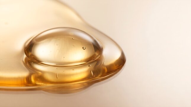 Macro Golden Squalane Oil Droplet Wider Profile on Viscous Gel Texture Warm Light Emollient Luxury Skincare Hydration Beauty Product Background