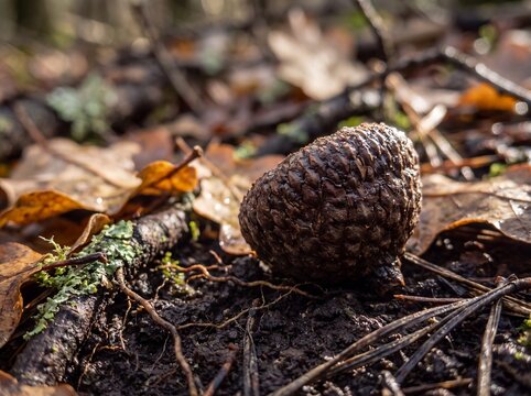 Intricate acorn cupule on moist soil with surrounding moss and root system.