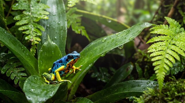 Vivid poison dart frog resting on a wet jungle leaf in the tropical rainforest