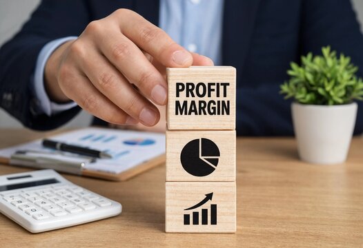 Business professional stacking wooden blocks representing profit margin growth with financial tools on desk