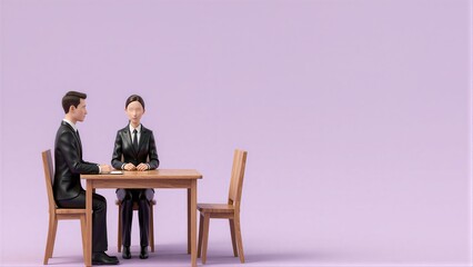 Fototapeta premium Two figures in suits sit at a table, engaged in formal conversation against a plain purple backdrop.