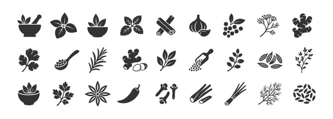 Obraz premium Herbs and spices plant silhouette vector icon set