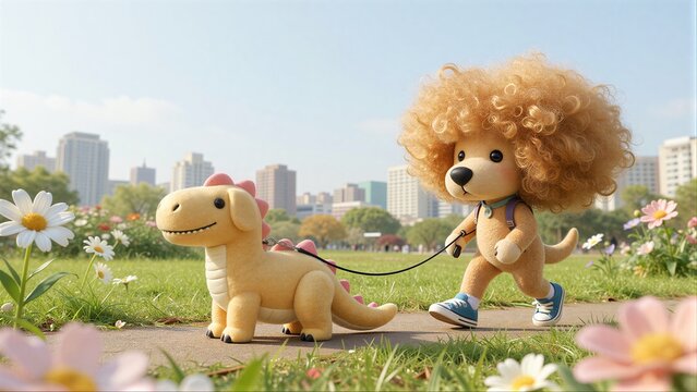 Curly-haired toy lion walks with dinosaur friend through flower-filled park.