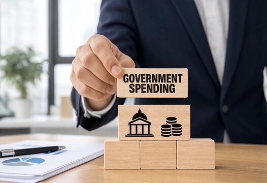 Professional pointing at wooden blocks illustrating government spending with financial and building icons on office desk