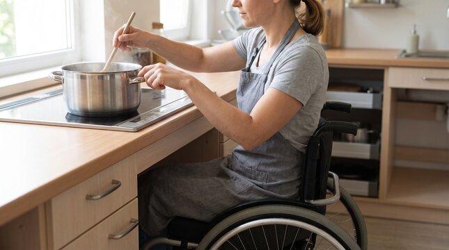 Disabled Woman in Wheelchair Cooking Food at Stove in Accessible Kitchen