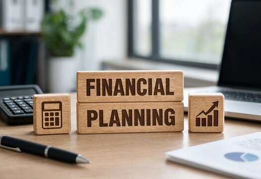 Professional financial planning workspace with wooden blocks showing financial growth and calculator tools on desk
