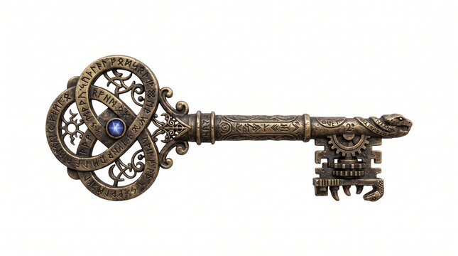 Ancient ornate skeleton key with blue gemstone inset and detailed handle close up