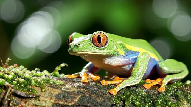 Close-up of a red-eyed tree frog on a moss-covered branch