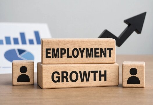 Wooden blocks displaying employment growth concept with upward arrow and chart background for business success