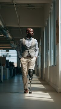 Confident businessman with prosthetic leg walking in modern office