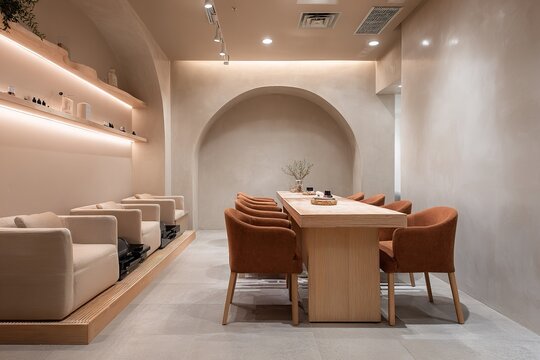 Modern minimalist beauty salon interior with elegant warm lighting