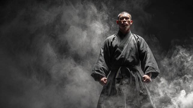 Determined martial artist in traditional uniform standing in smoke