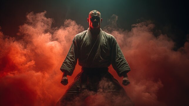 Determined martial artist standing in dramatic red smoke