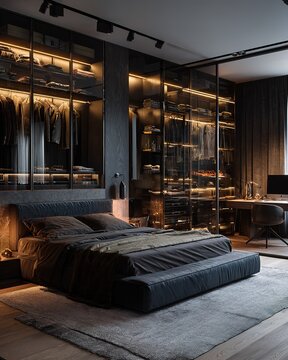 Modern luxury bedroom with glass wardrobe and warm lighting