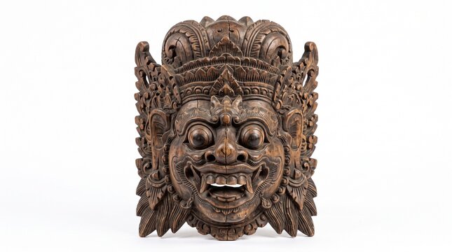 Antique Balinese wooden Barong or Rangda mask carving isolated on plain white background