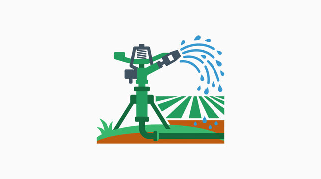 Flat vector illustration of agricultural sprinkler system watering farm field crops