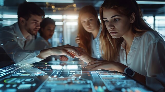 Business Team Analyzing Data on Futuristic Digital Touch Screen