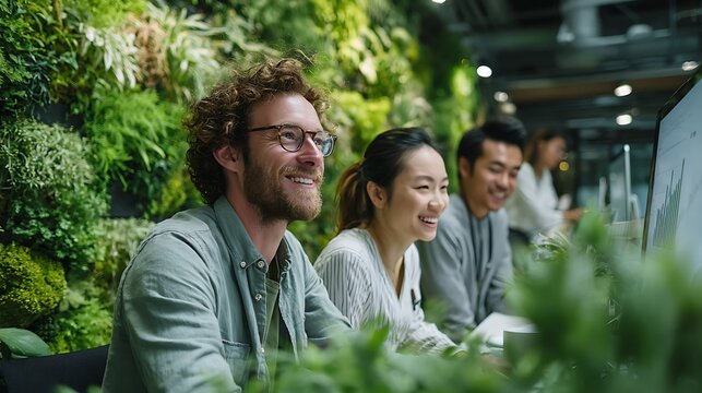 Diverse Professionals Working in Modern Eco-Friendly Biophilic Office