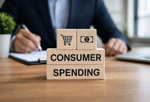 Professional working on consumer spending analysis with shopping cart and dollar sign blocks on desk