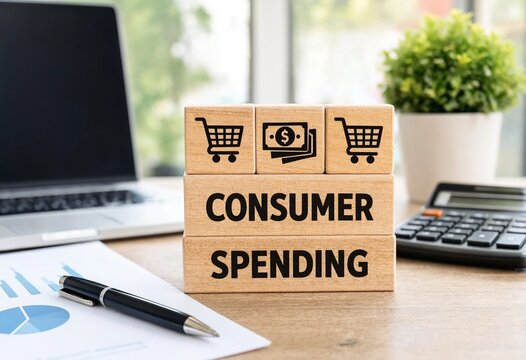 Modern workspace setup illustrating consumer spending with shopping cart and financial icons on wooden blocks