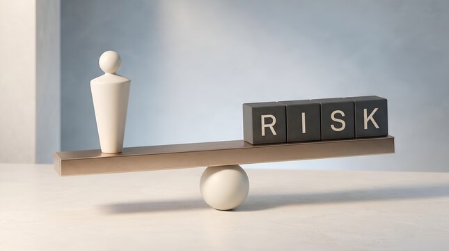 Corporate risk balance concept with abstract human figure weighing black hazard blocks on scale