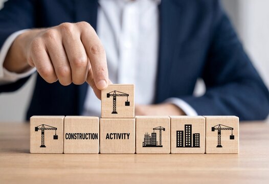 Professional placing wooden block with construction activity icon in business strategy game setup