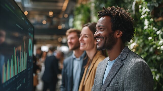 Diverse Business Team Analyzing Financial Data Growth on Screen