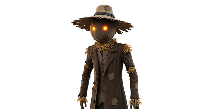scarecrow figure dark coat hat and glowing eyes