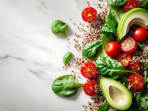 Fresh Quinoa Salad with Avocado and Tomatoes on Marble Background