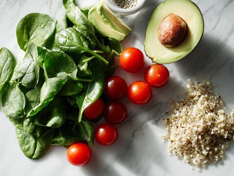 Fresh Superfood Ingredients with Spinach, Avocado, and Quinoa
