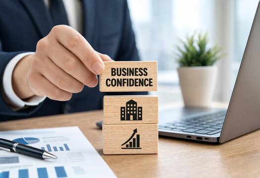 Professional placing business confidence block with upward growth chart and building icon on wooden blocks