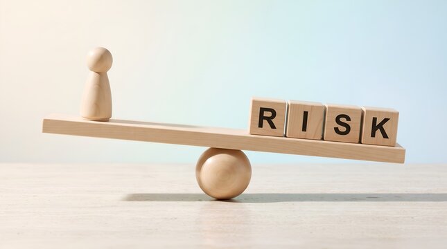 Minimalist business risk evaluation concept showing wooden figure balancing hazard blocks on scale