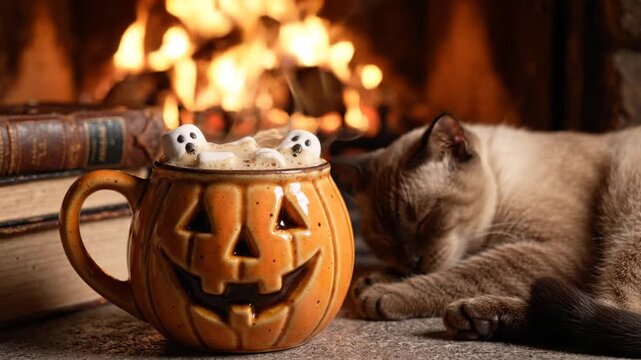 Cozy Cat Napping by Fireplace with Halloween Pumpkin Mug