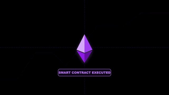 Ethereum cryptocurrency logo with smart contract executed text. Purple 3D crypto icon on black background. Blockchain technology animation.