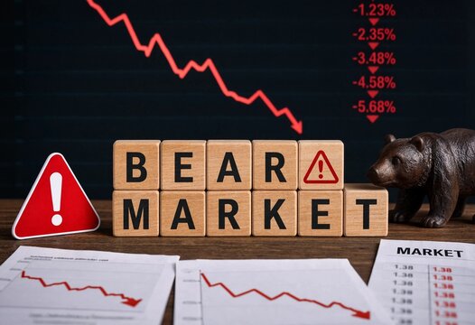 Bear market illustration showing financial decline with percentage drops and warning symbols on wooden blocks