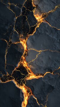 Abstract Glowing Magma Cracks on Dark Volcanic Stone Texture