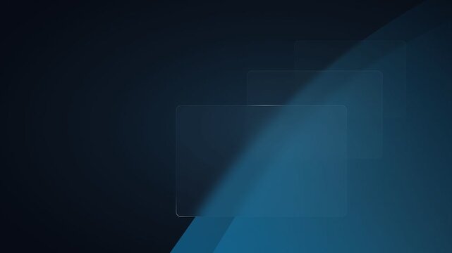 Blue diagonal geometric glass layers on dark background. 4K Video