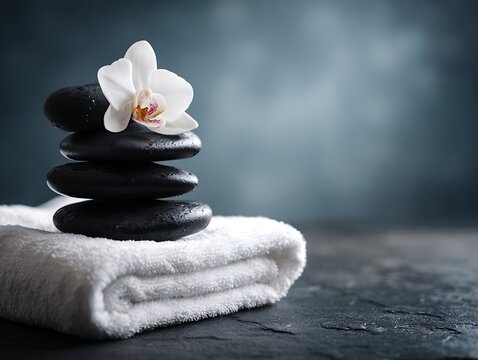 Zen Spa Still Life with Black Stones and White Orchid on Towel